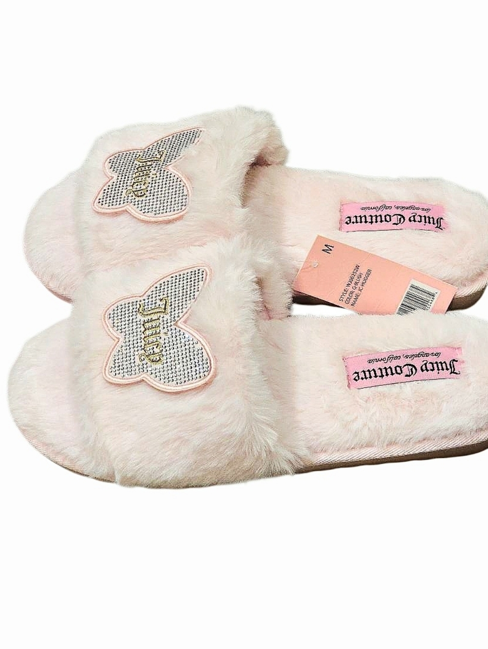 Juicy Couture Hugger Rhinestone Logo Butterfly Slide Slippers- Blush